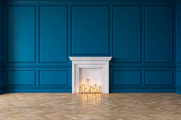 istock Modern classic blue interior with fireplace, wall panels, wooden floor. 3d render illustration mock up 1171089001