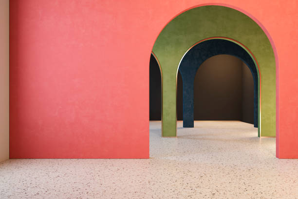istock Colorful interior with archs and terrazzo floor. 3d render illustration mock up 1171089009