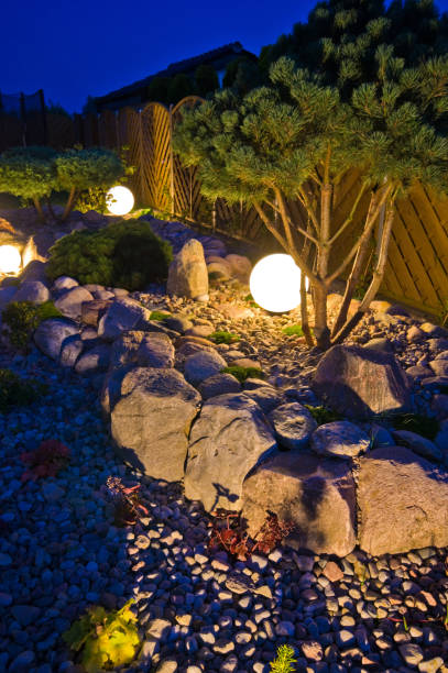 istock Home garden at night, illuminated by globe shaped lights 1171091558