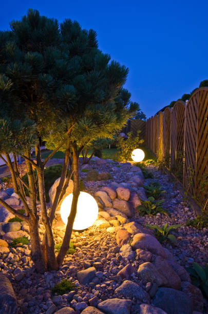 istock Home garden at night, illuminated by globe shaped lights 1171091566