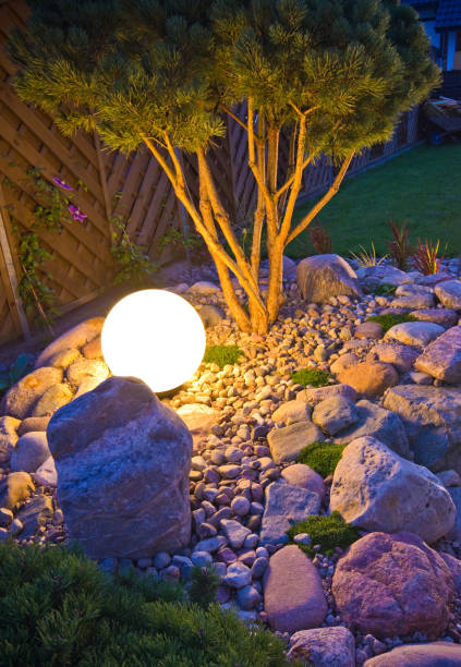 istock Home garden at night, illuminated by globe shaped lights 1171091762