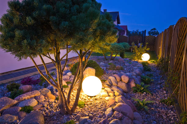 istock Home garden at night, illuminated by globe shaped lights 1171091767