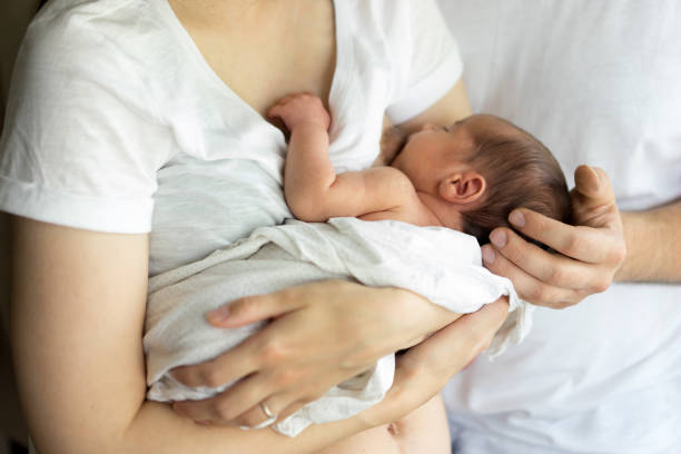 Father and mother with a newborn son. New young multi-generation family Father and mother with a newborn son. New young multi-generation family. Breast-feeding cute pregnant woman with gift stock pictures, royalty-free photos & images