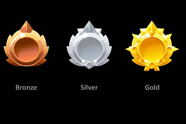 ilustrações de stock, clip art, desenhos animados e ícones de awards medals gold, silver and bronze for gui game. vector golden template award - silver medal medal coin silver