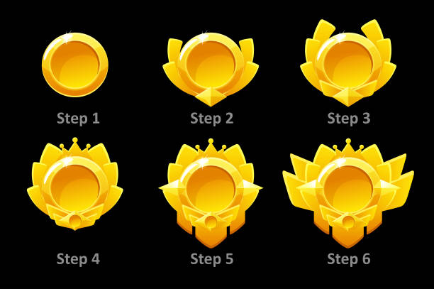 ilustrações de stock, clip art, desenhos animados e ícones de awards medals for gui game. vector golden template award 6 step by steps. - gold circle medallion insignia