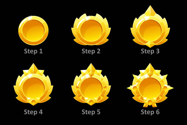 ilustrações de stock, clip art, desenhos animados e ícones de awards medals for gui game. vector golden template award 6 step by steps. - gold circle medallion insignia