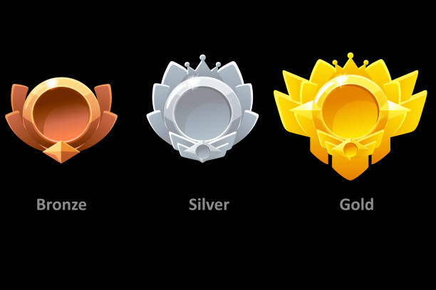 ilustraciones, imágenes clip art, dibujos animados e iconos de stock de otorga medallas de oro, plata y bronce para gui game. premio de plantilla vectorial. - bronze silver gold perks