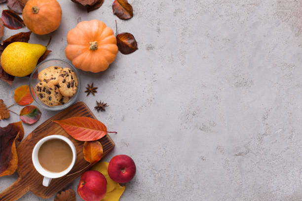 istock Cozy atmosphere with autumn harvest on gray background 1171095020