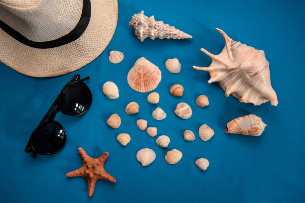 istock Bright blue picture with a shell, hat and sunglasses 1171095756