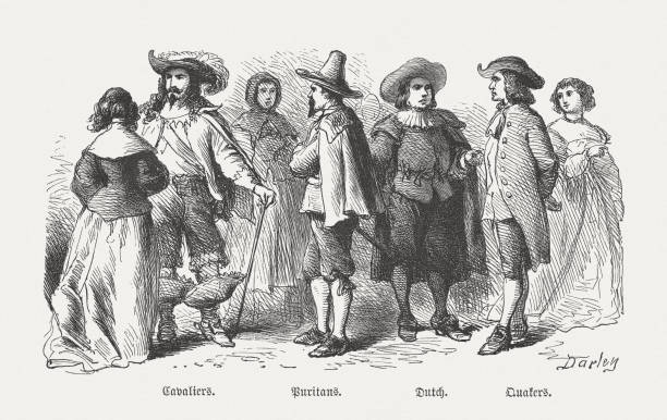 illustrazioni stock, clip art, cartoni animati e icone di tendenza di costumi di coloni americani, xvii secolo, incisione su legno, pubblicato nel 1876 - dutch colonial