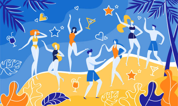 illustrazioni stock, clip art, cartoni animati e icone di tendenza di concerto musicista vicino al mare, beach party summer. - sliding sands