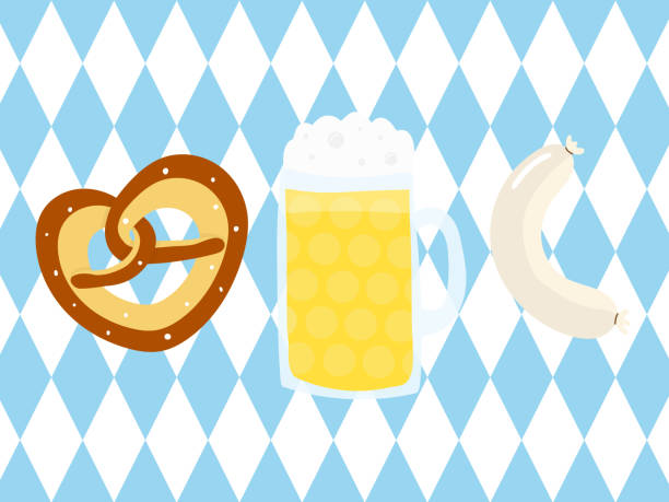 illustrations, cliparts, dessins animés et icônes de illustration de symboles d'oktoberfest avec le fond bavarois de drapeau - munich beer garden veal sausage upper bavaria