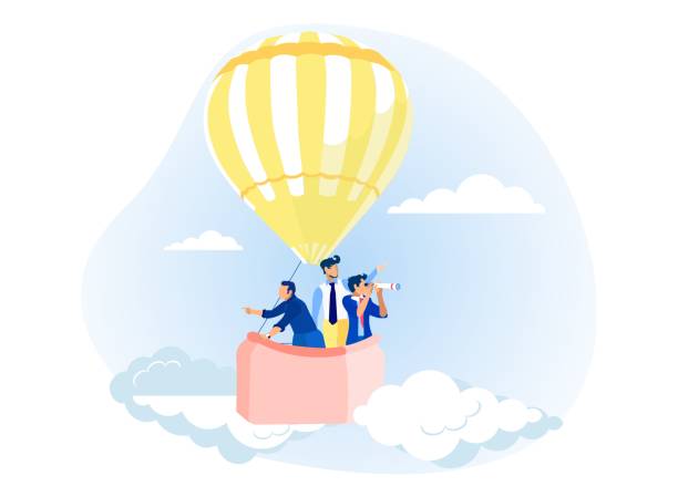 Businessmen Flying in Air Hot Balloon Metaphor Cartoon Businessmen Characters Flying in Air Hot Balloon and Looking through Spyglass Metaphor. Exploration and Planning. Searching Business Solution and Strategy. Vector Flat Sky Illustration binoculars patterns stock illustrations