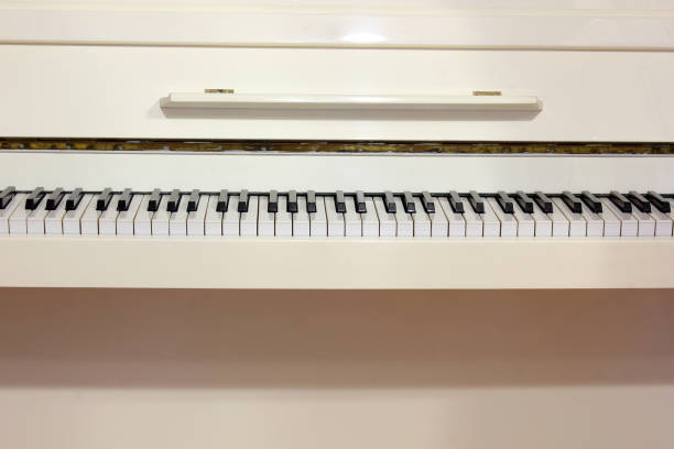 istock Musical instrument. White piano close-up. Piano keys 1171111220