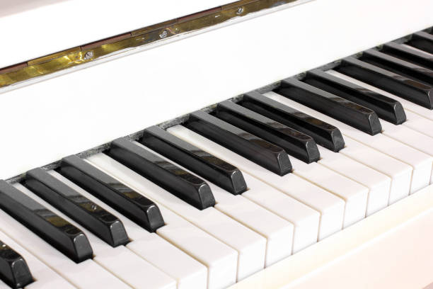 istock Musical instrument. White piano close-up. Piano keys 1171111502
