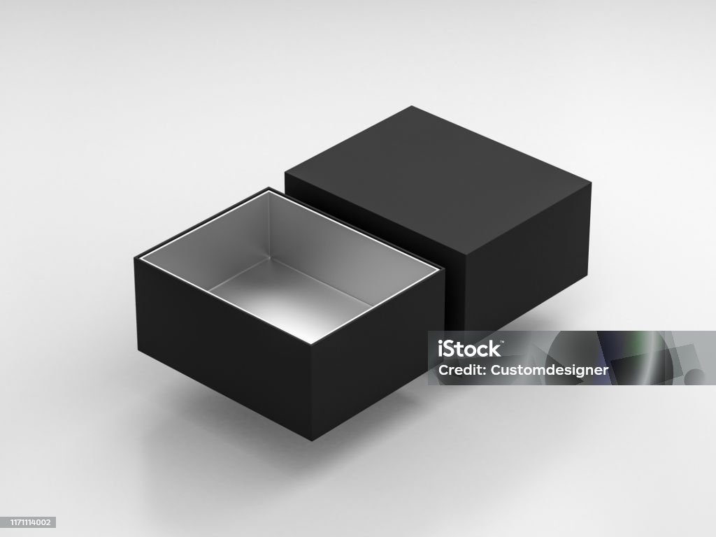 Black Box Mockup With Open Cover And Silver Cardboard Inside Stock Photo -  Download Image Now - iStock