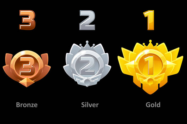 verleiht medaillen gold, silber und bronze für gui game. belohnungen 1. , 2. und 3. platz. vector template award. - bronze silver gold perks stock-grafiken, -clipart, -cartoons und -symbole