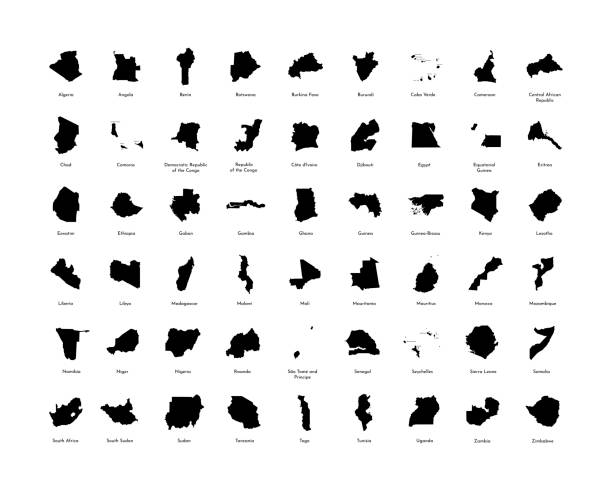 illustrations, cliparts, dessins animés et icônes de illustration vectorielle avec des cartes simplifiées de tous les états africains entièrement reconnus. silhouettes noires, fond blanc - guinée