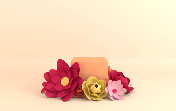 istock Paper flowers frame, podium platform for product presentation. Summer or spring background. Paper cut 3d render mock up in pastel colors 1171121433