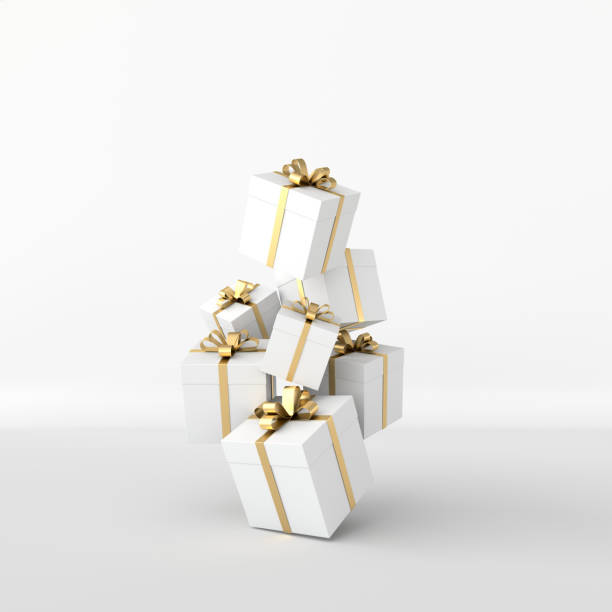 istock 3d rendering of realistic white gift box with golden ribbon bow on white studio background. Empty space for party, promotion social media banners, posters. 1171121525