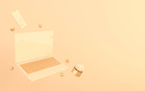 istock Laptop and phone mock-up background in modern minimal style. Notebook, smartphone and cactus 3d render. Technology gadget concept. Pastel and gold colors 1171121656
