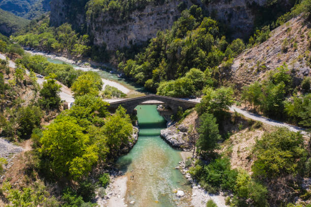 Aerial view of stone bridge in Zagori Greece Aerial view of stone bridge in Zagorohoria Greece zagori stock pictures, royalty-free photos & images