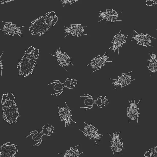 Vector illustration of Seamless pattern with beatles on the dark background.