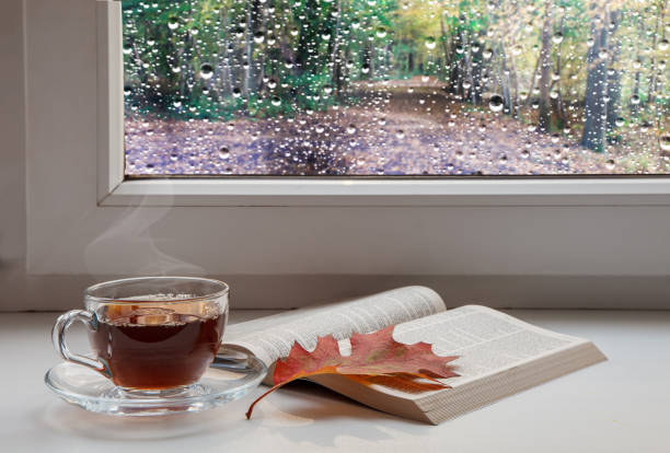 cup of coffee, an open holy bible and a red maple leaf on the windowsill with raindrops on the glass on gloomy autumn day