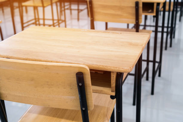 istock School empty classroom or Lecture room with desks chairs iron wood for studying lessons seminar in university of thailand, interior of class with whiteboard no kid  teacher, educational concept 1171124139