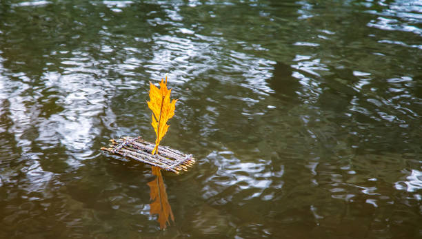 toy raft with a sail from maple leaf floating on the lake on autumn day