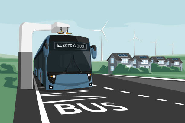 Electric bus stands at the charging station Electric bus stands at the charging station. Vector illustration bus illustrations stock illustrations