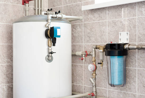 House water heating boiler with pump, ball valves and filters House water heating boiler with pump, ball valves and filters water pump photos stock pictures, royalty-free photos & images