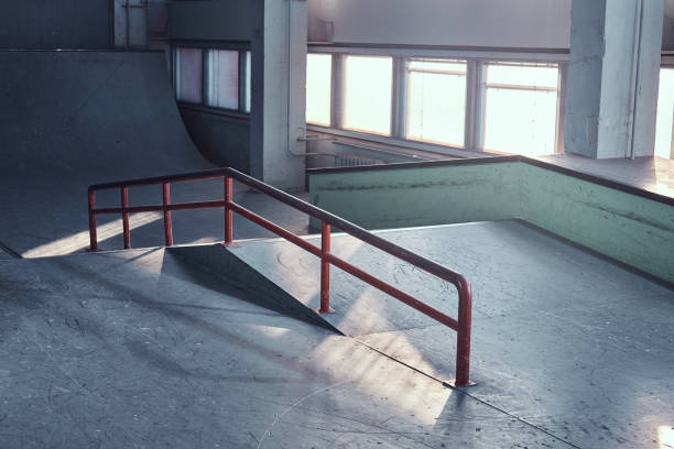 istock Skateboard railing for grinding at the empty indoors skatepark 1171131852