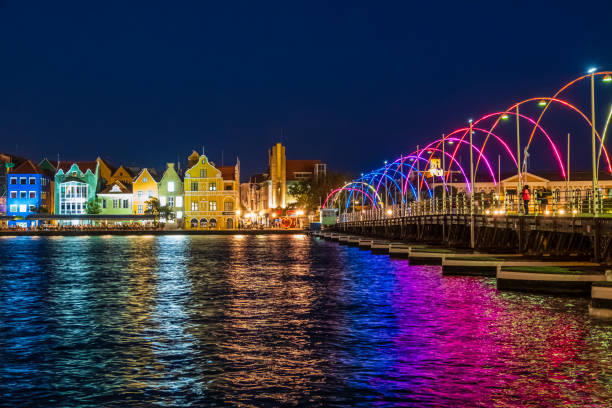 People crossing the Queen Emma bridge, the pontoon bridge that connects the quarters of Punda and Otrobanda in Willemstad, the capital city of Curaçao, an island in the southern Caribbean Sea.
