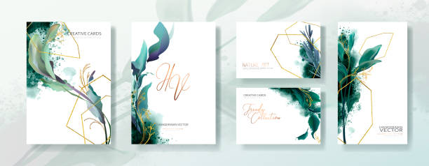 ilustraciones, imágenes clip art, dibujos animados e iconos de stock de conjunto de marco de invitación de boda, flores, hojas, desorden y acuarela vector mínimo. - gold leaf