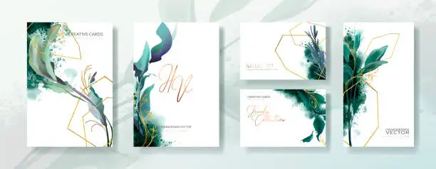 Vector illustration of Wedding invitation frame set, flowers, leaves, mess and watercolor minimal vector.
