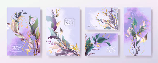 ilustrações de stock, clip art, desenhos animados e ícones de wedding invitation frame set, flowers, leaves, mess and watercolor minimal vector. - invitation love shape botany