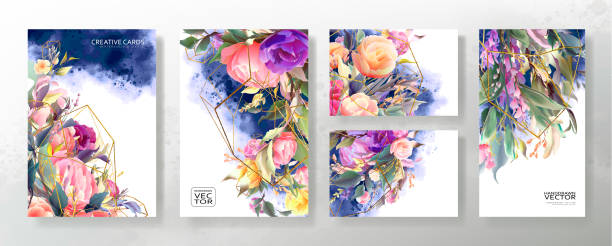 свадебное приглашение кадр набор, цветы, листья, беспорядок и акварель минимальный вектор. - invitation love shape botany stock illustrations