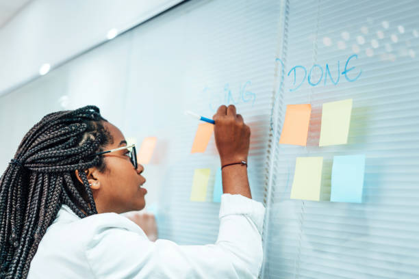 istock Young businesswoman writing adhesive notes on board in creative office 1171136238