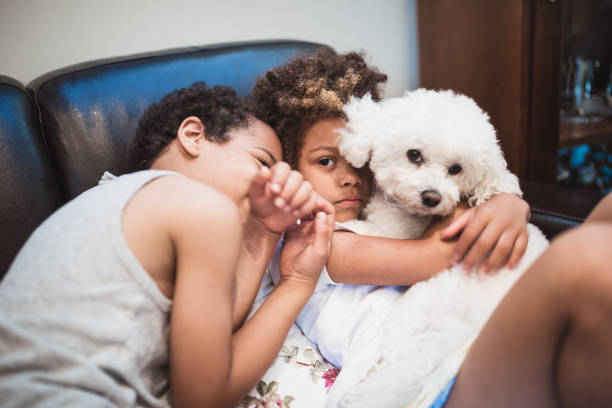 istock Cute mixed - race siblings playing at home with dog 1171136315