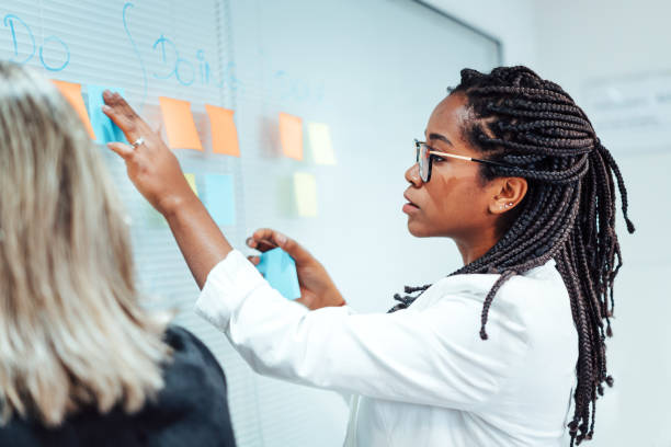 istock Young businesswoman writing adhesive notes on board in creative office 1171136377