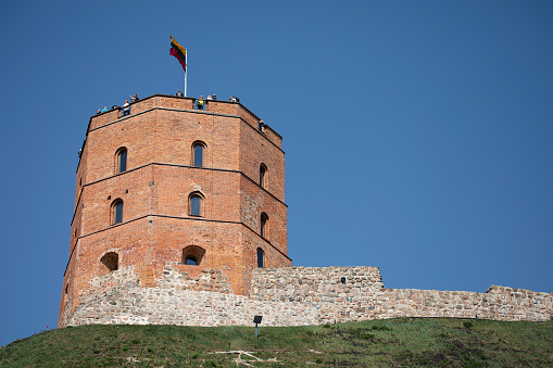 Vilnius, Lithuania - April 28, 2019: Gediminas Tower on the hill in the old town center in Vilnius, Lithuania.