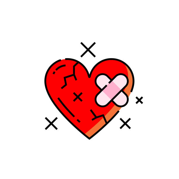 значок линии разбитого сердца - relationship difficulties heart shape bandage adhesive bandage stock illustrations
