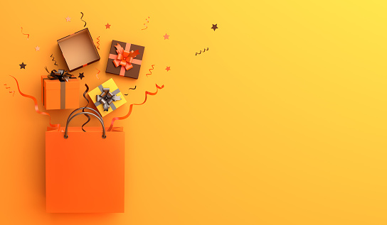 Shopping bag, gift box, confetti on orange background. Design creative concept of happy halloween celebration holiday. 3D rendering illustration.