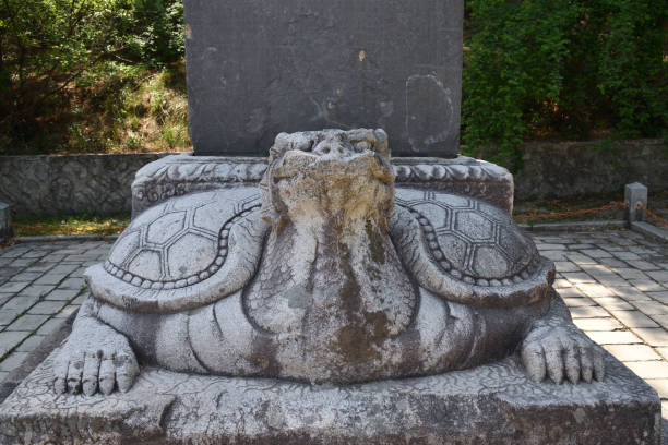 Kaesong, North Korea - May 5, 2019: An ancient granite stone turtle base of the pagoda in Koryo Seonggyungwan, confucian educational facility of the Koryo dynasty. 10th century AD