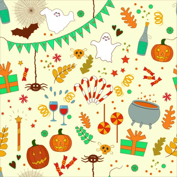 Vector illustration of Isolated elements for halloween: pumpkin, sweets, skull, spider, potion, flowers, leaves. Seamless autumn pattern. Flat vector.