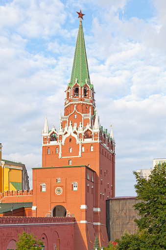 The Troitskaya Tower (Russian: Троицкая башня, literally Trinity Tower) is a tower with a through-passage in the center of the northwestern wall of the Moscow Kremlin, which overlooks the Alexander Garden.