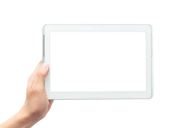 컷핑 경로와 흰색 배경에 격리 된 빈 화면흰색 태블릿 pc 컴퓨터를 들고 남성 손. - tactile tablet computer 뉴스 사진 이미지