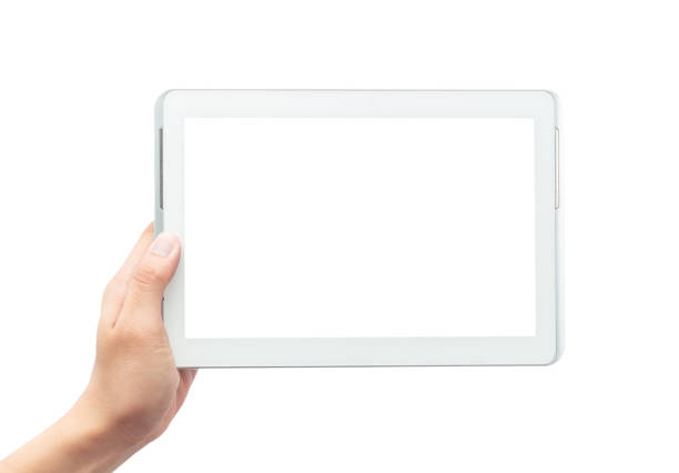 Male hand holding the white tablet pc computer with blank screen isolated on white background with clipping path.