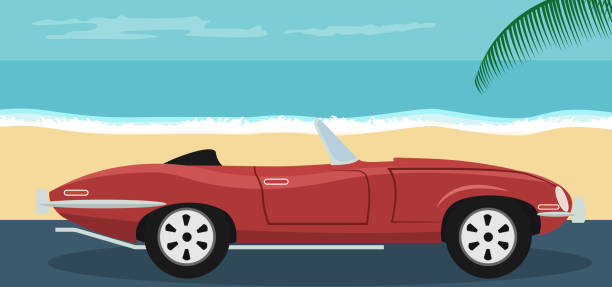 Background of a convertible classic red car parked on the beach in summer Vector car design on the beach taxi logo background stock illustrations